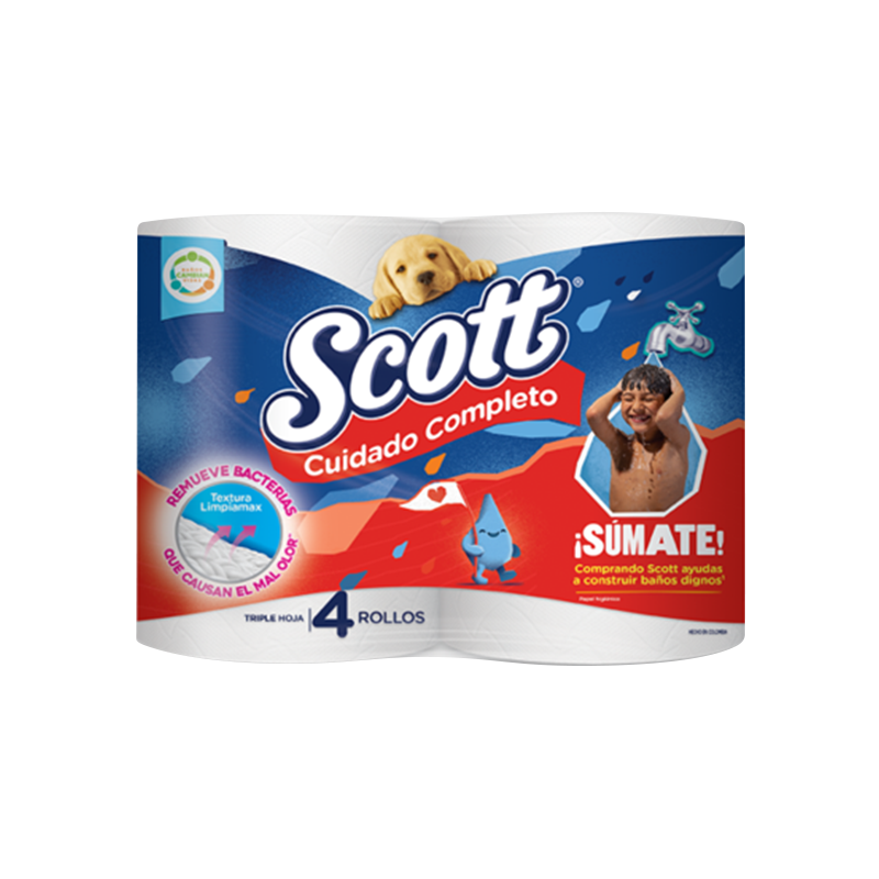 PAPEL HIGIÉNICO SCOTT CUIDADO COMPLETO TRIPLE HOJA X 4 UNIDADES