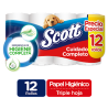 PAPEL HIGIÉNICO SCOTT CUIDADO COMPLETO TRIPLE HOJA X 12 UNIDADES
